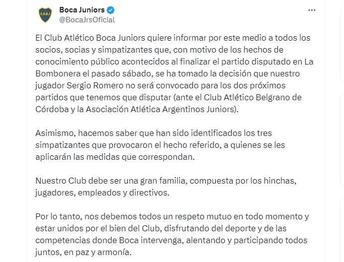 COMUNICADO BOCA CHIQUITO ROMERO