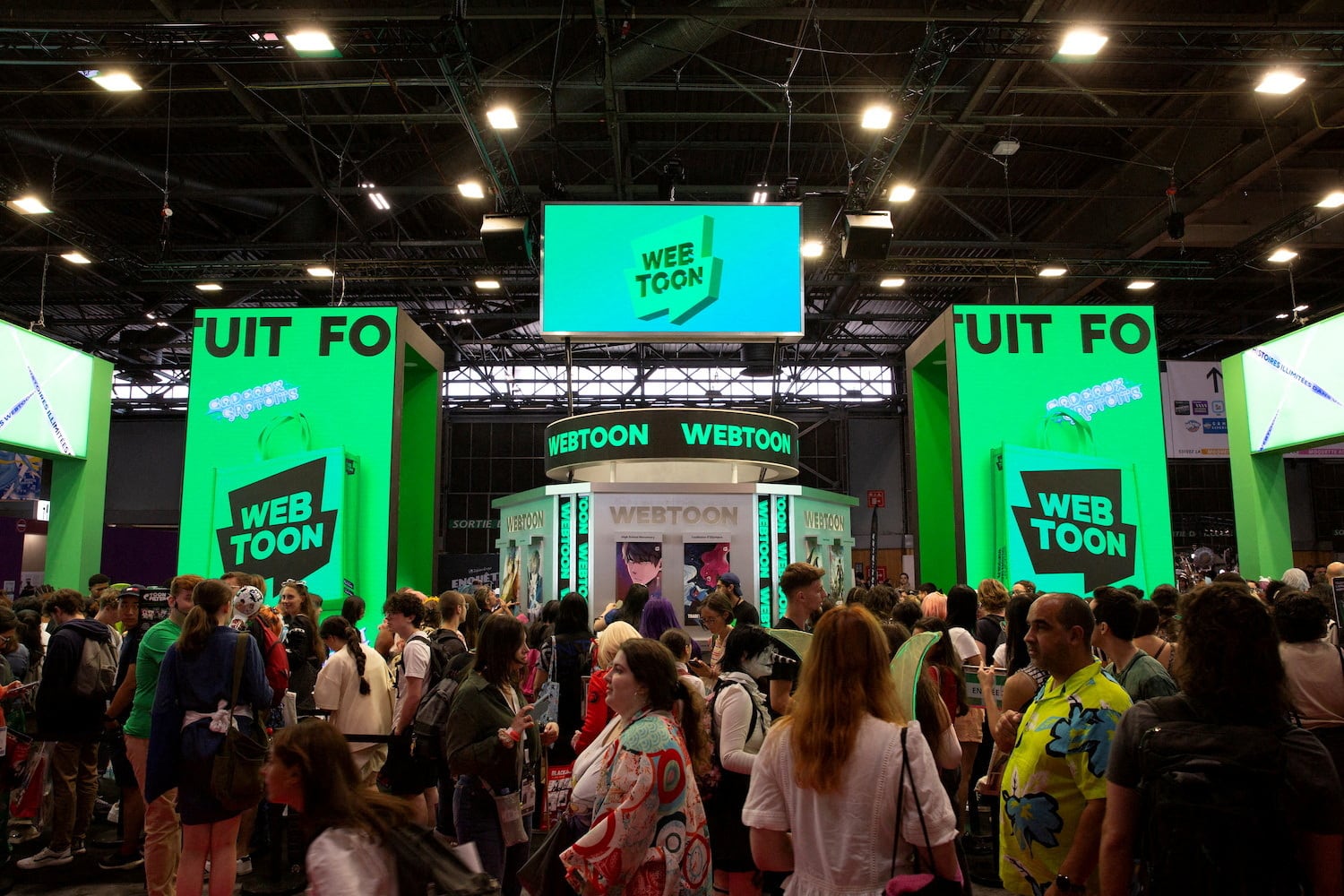 Webtoon Entertainment's booth is pictured during a comic festival in Paris, France, July 13, 2023. WEBTOON Entertainment/Handout via REUTERS ATTENTION EDITORS - THIS IMAGE HAS BEEN SUPPLIED BY A THIRD PARTY. NO RESALES. NO ARCHIVES.