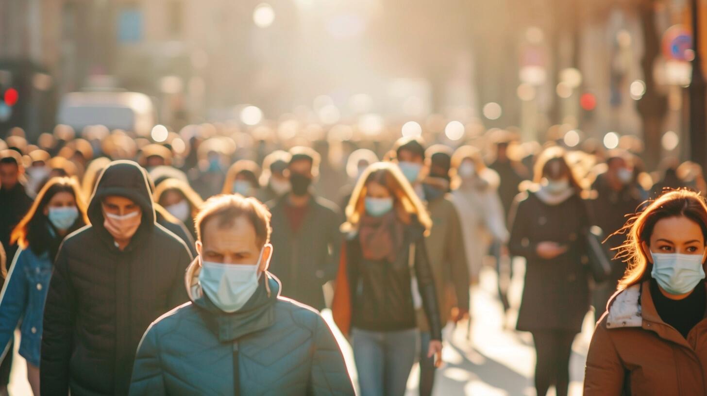 Grupo de individuos en un entorno urbano utilizando mascarillas faciales para prevenir la propagación del Covid-19. La fotografía captura el compromiso colectivo con la salud pública y las medidas de prevención contra la pandemia y enfermedades respiratorias. (Imagen ilustrativa Infobae).