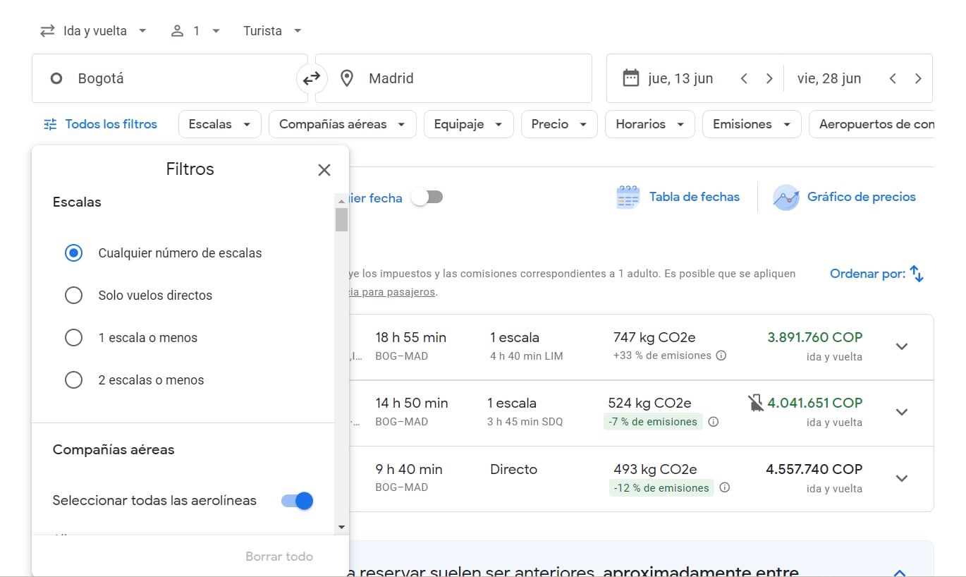 La plataforma tiene diversidad de filtros para personalizar la búsqueda. (Google Flights)