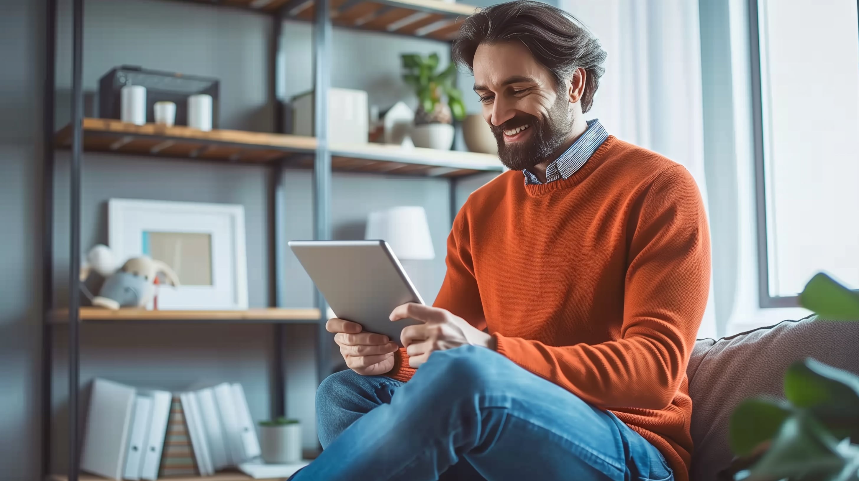 Trabajador remoto, hombre sonriente, entorno de trabajo en casa, uso de tablet, bienestar laboral, tecnología en home office - (Imagen Ilustrativa Infobae)