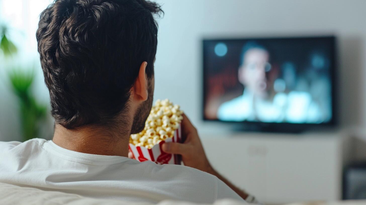 Text: Individuo relajado viendo televisión en el salón de su hogar, aprovechando las opciones de streaming para un maratón de sus programas favoritos, destacando el papel del internet en el ocio moderno.