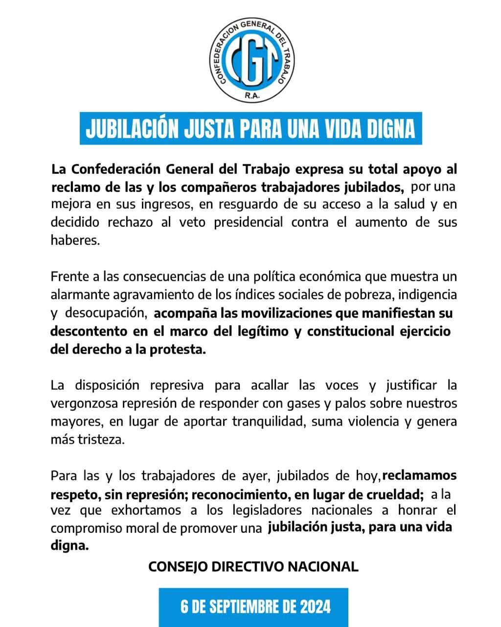 El comunicado de la CGT que repudió la represión a los jubilados