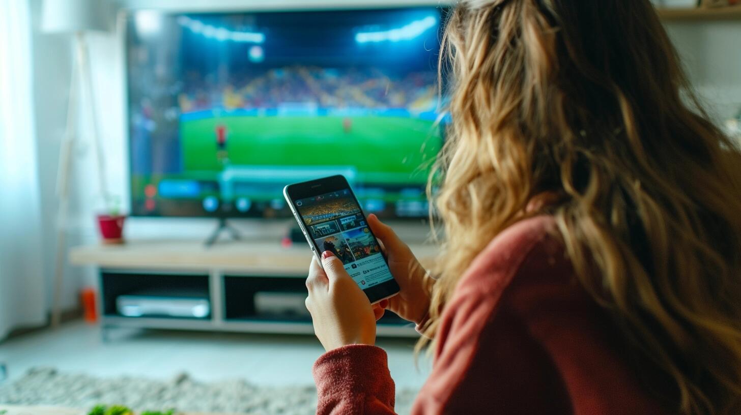 Un individuo concentrado en su teléfono móvil, con un televisor encendido en el fondo mostrando una película o serie. La imagen captura la realidad de cómo los smartphones y el acceso a internet y redes sociales han cambiado la manera en que interactuamos con los medios tradicionales, mostrando la tendencia de dividir nuestra atención entre distintas pantallas en nuestra vida diaria. (Imagen ilustrativa Infobae)