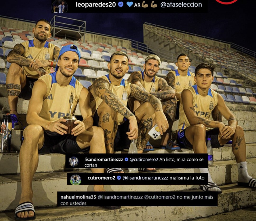 La foto de la "discordia" con Nicolás Otamendi, Gio Lo Celso, Leandro Paredes, Rodrigo De Paul, Nahuel Molina y Paulo Dybala. Aparecen los mensajes de los "despechados" (@afaseleccion)