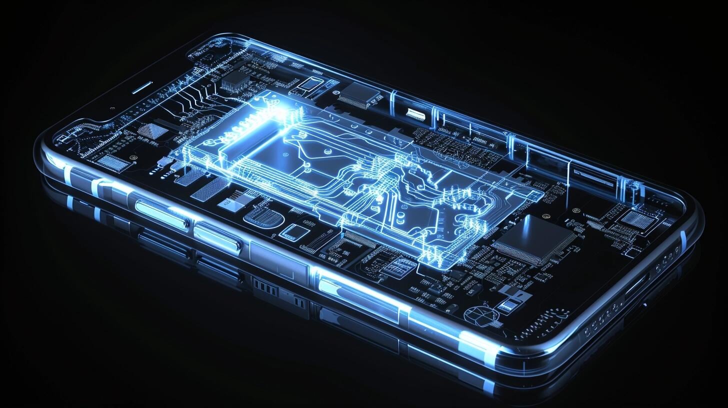 Imagen de la radiografía de un smartphone, destacando el microchip y la CPU, así como los complejos circuitos y componentes electrónicos. Esta vista interna simboliza la avanzada tecnología y computación implicadas en los dispositivos móviles actuales, desde la inteligencia artificial hasta la conectividad con internet. Representa la intersección de la informática, AI y robótica en el desarrollo de la tecnología móvil. (Imagen ilustrativa Infobae)