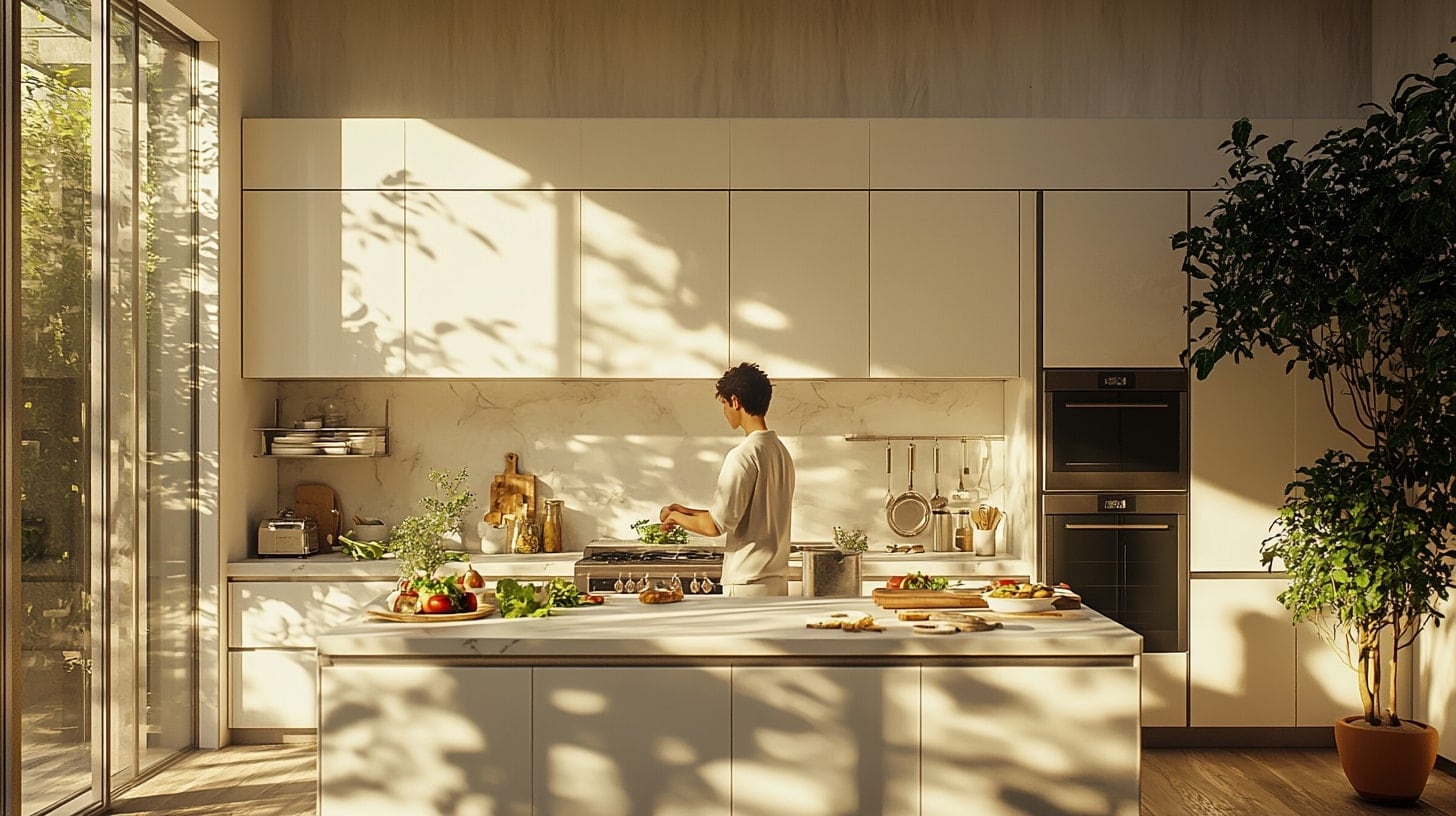 Imagen de una cocina moderna y luminosa con una persona joven cocinando. Otras opciones: diseño contemporáneo, espacio acogedor, estilo minimalista. - (Imagen Ilustrativa Infobae)