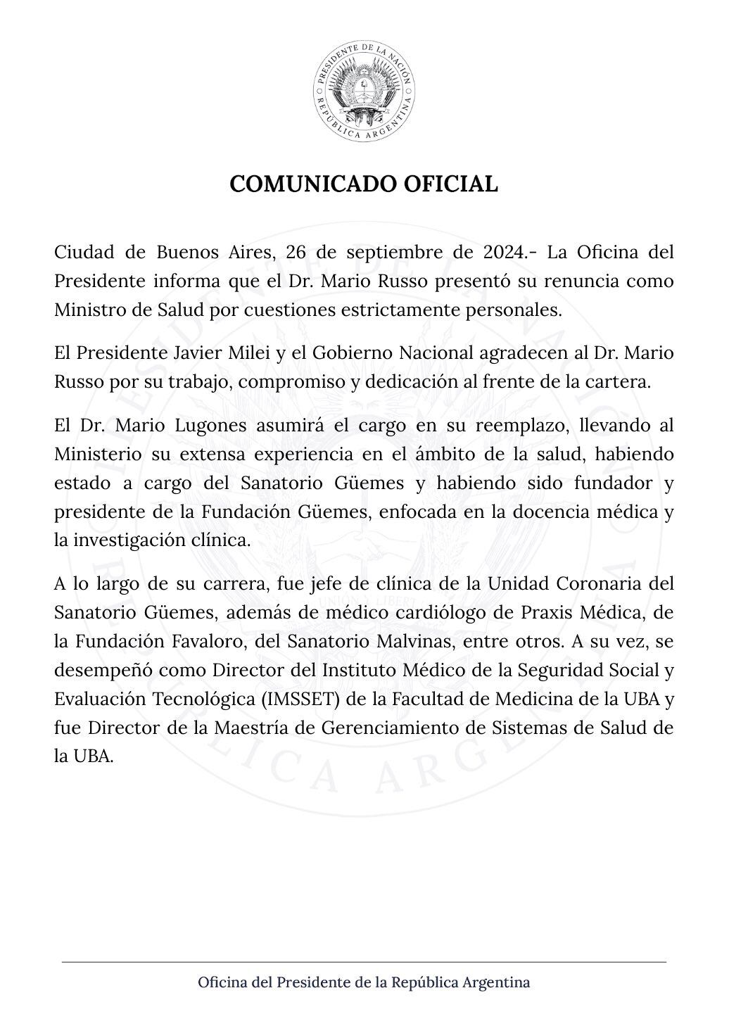 Ministerio de Salud comunicado Oficina del Presidente