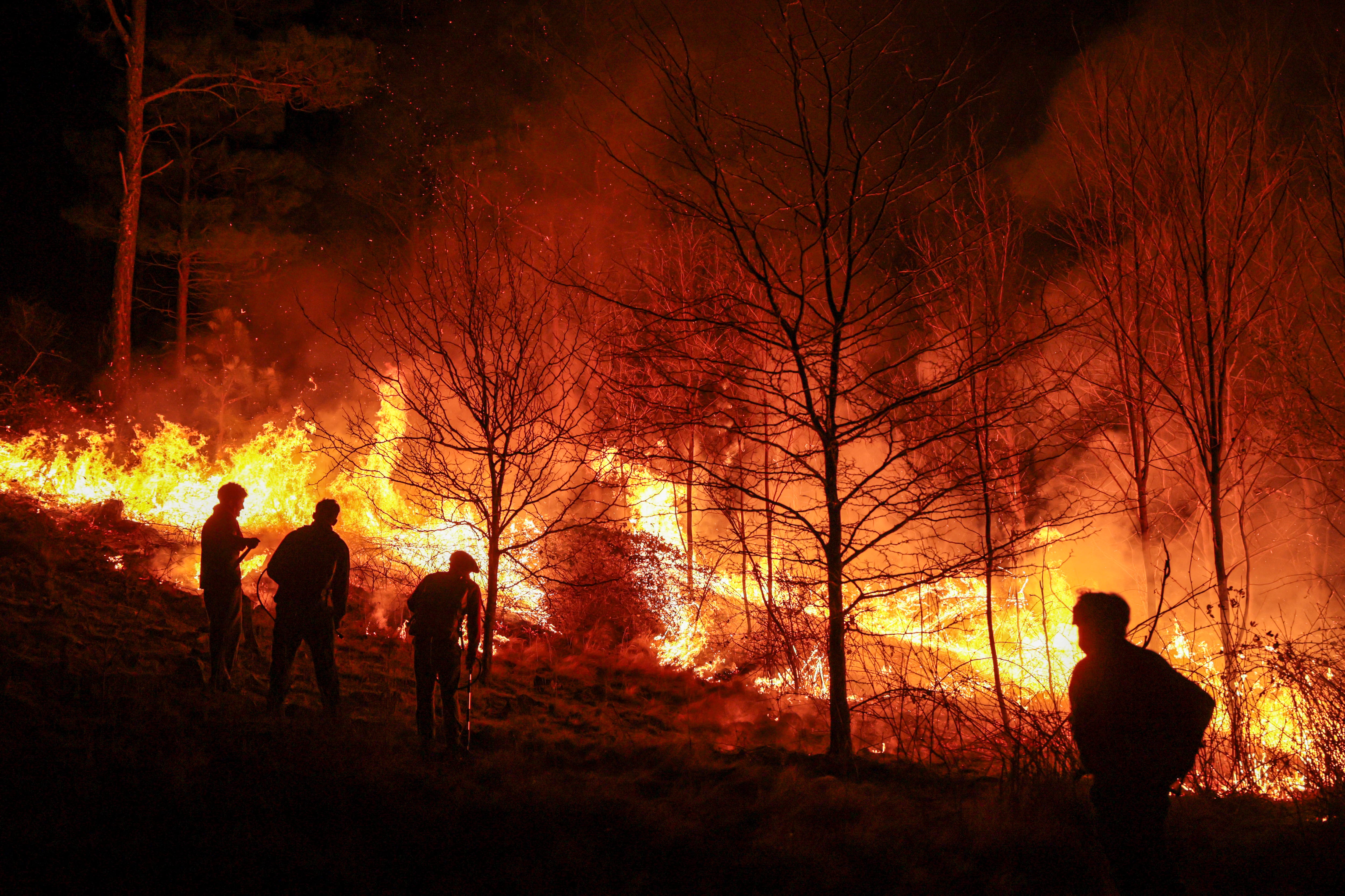 Personas parte de un grupo de bomberos y vecinos autogestionados combaten un incendio forestal este lunes, en Intiyaco en las cercanías de Villa Berna, provincia de Córdoba (Argentina). EFE/ STR 