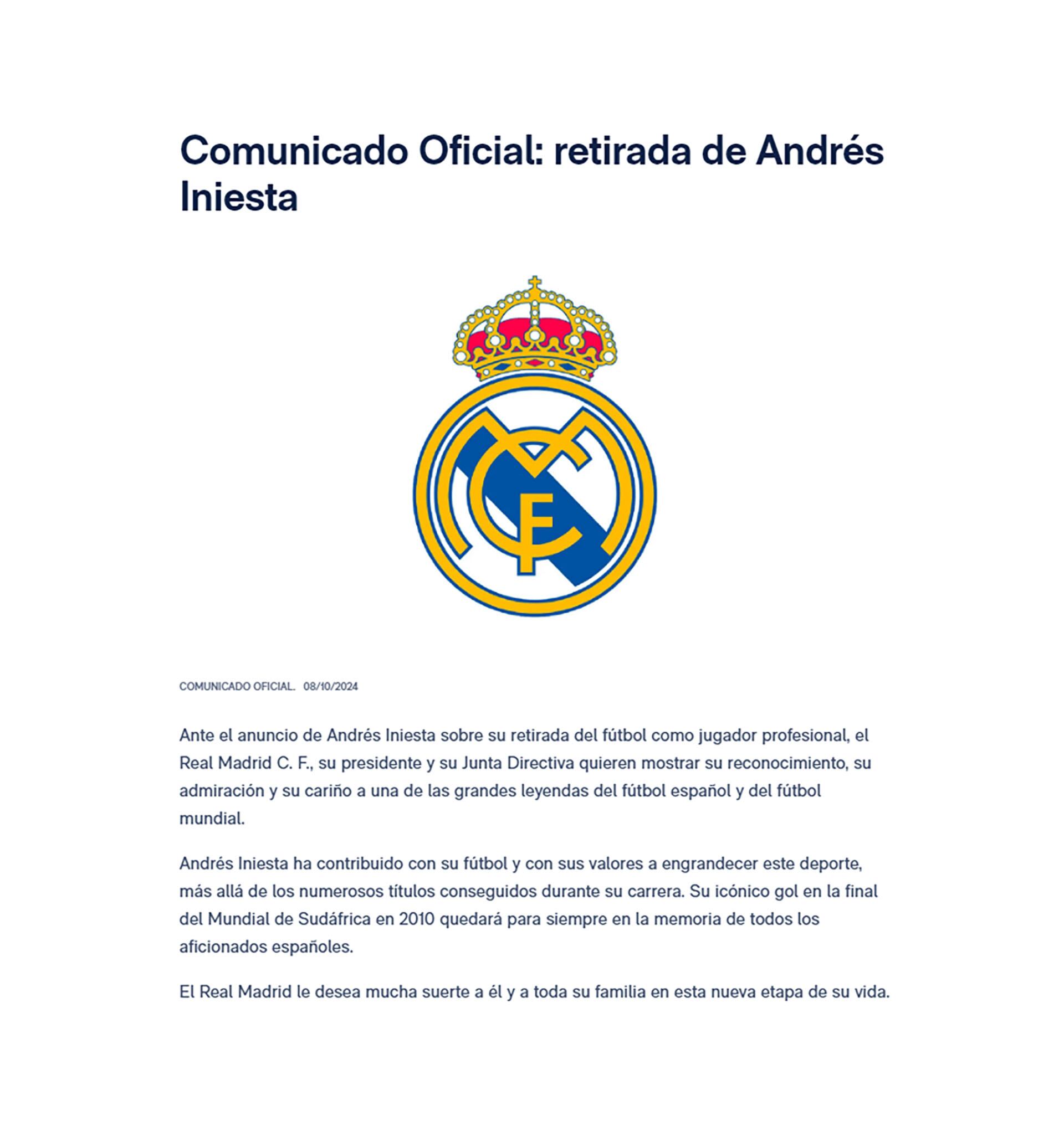 Comunicado del Real Madrid dedicado a Andrés Iniesta captura