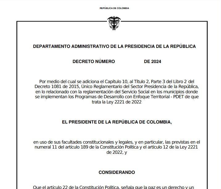 Borrador de decreto en Colombia formaliza el Servicio Social para la Paz en áreas estratégicas en vez del Servicio Militar - crédito DEPARTAMENTO ADMINISTRATIVO DE LA PRESIDENCIA DE LA REPÚBLICA