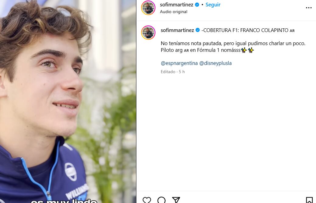 Franco Colapinto habló con Sofi Martínez en México (Foto: captura Instagram/@sofimmartinez)