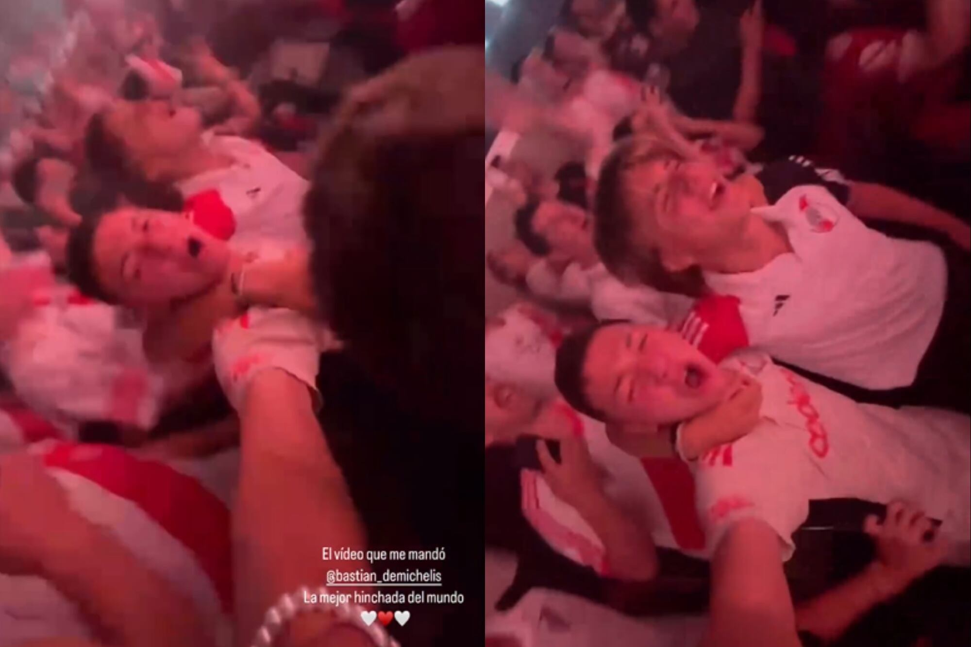 Bastián Demichelis y Valentino López a pura emoción durante el recibimiento de River en el Monumental (Foto: Captura de video / Instagram @evangelinaanderson)