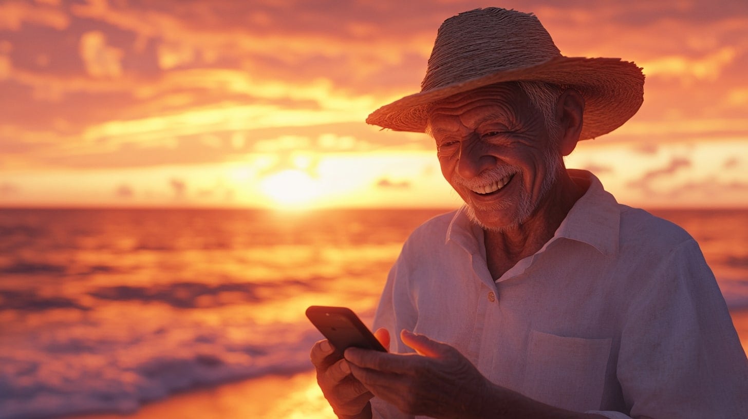 Imagen de un anciano sonriente frente al mar usando un teléfono móvil, con el sol poniéndose en el horizonte. Otras opciones: atardecer en la playa, momento sereno, paisaje costero. - (Imagen Ilustrativa Infobae)