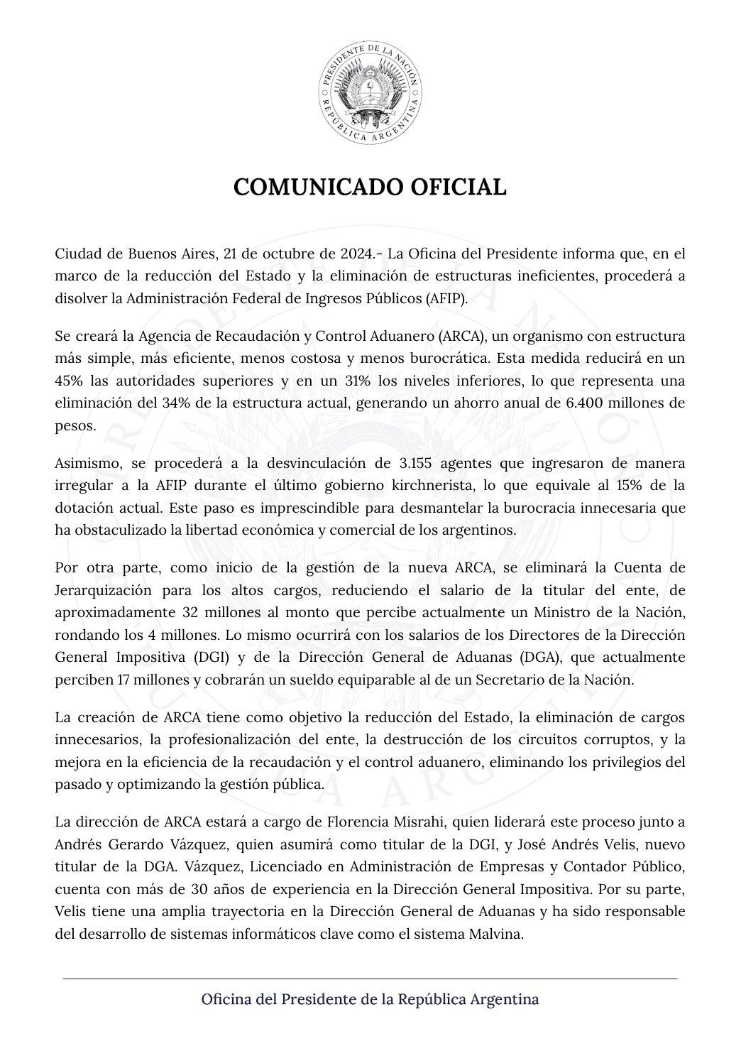 El comunicado oficial del Gobierno en el que se anuncia la disolución de la AFIP