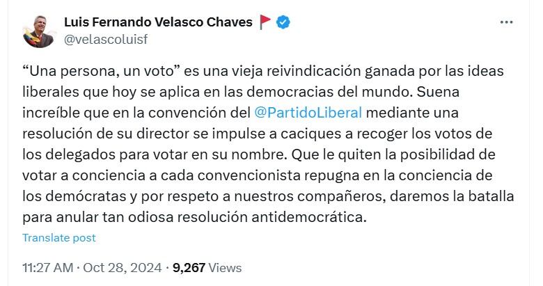 El excongresista dijo que la resolución emitida por Cesar Gaviria tiene varios artículos que podría favorecer al exmandatario nacional - crédito @velascoluisf/X