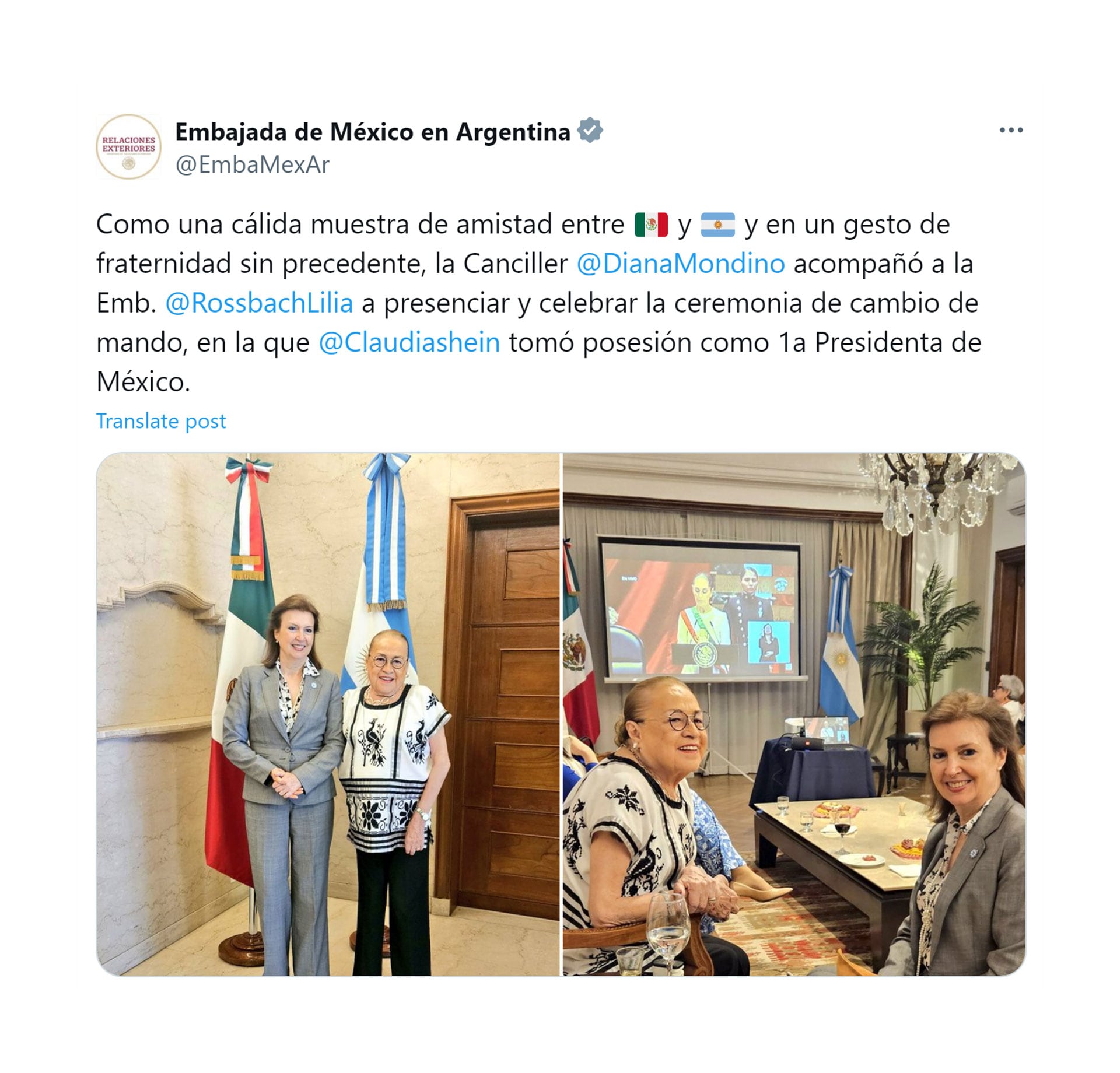 La Embajada de México en Argentina agradeció a Diana Mondino la visita por la asunción de Claudia Sheinbaum