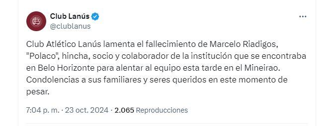 El comunicado de Lanús por la muerte de un hincha en Belo Horizonte