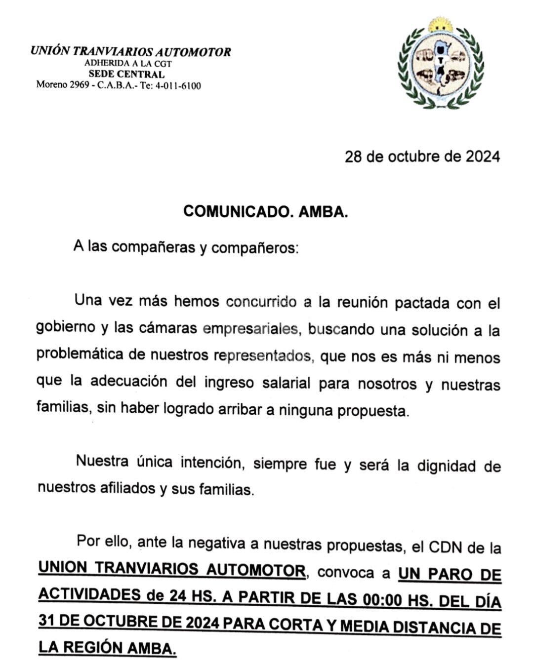 Comunicado oficial de la UTA que anucia el paro de colectivos en el AMBA para el jueves 31 de octubre