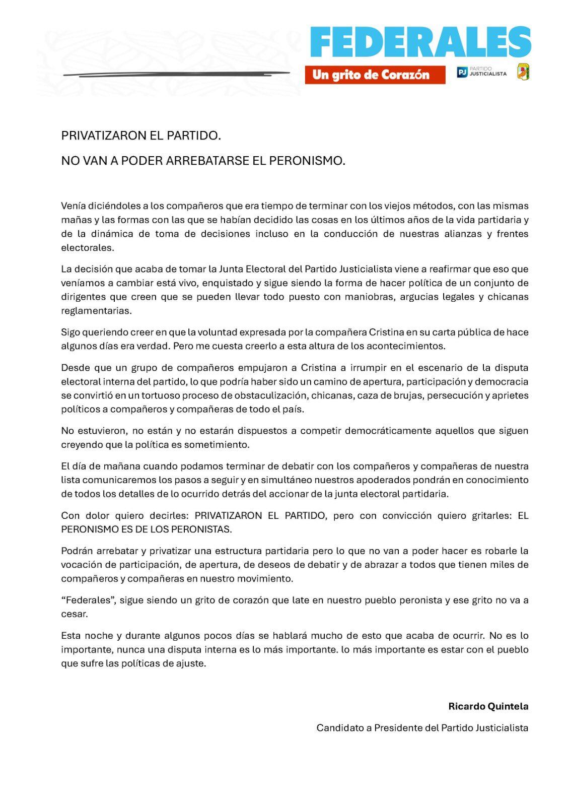 El gobernador riojano denunció que el partido fue privatizado para evitar la interna con CFK (X: @QuintelaRicardo)