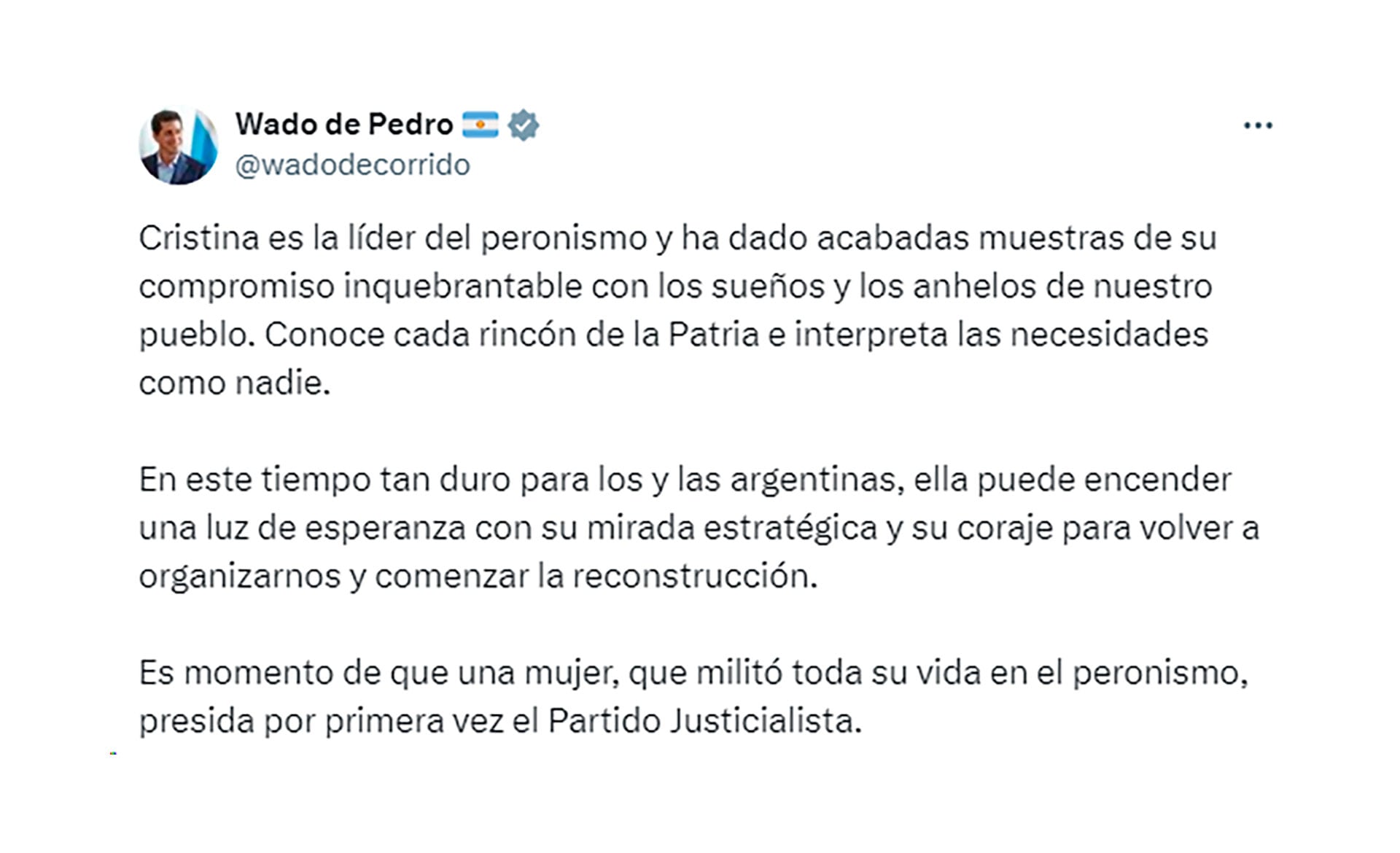 “Wado” De Pedro postuló a Cristina Kirchner para presidir el PJ Nacional