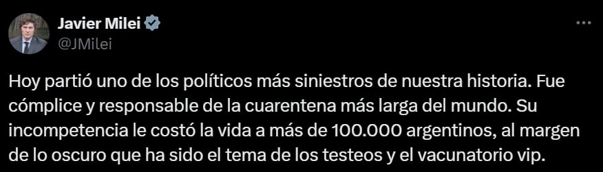 El mensaje de Javier Milei contra Ginés González García