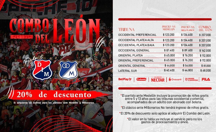 De esta forma, el cuadro Cardenal presentó los precios de boletería para los partidos ante Medellín y Millonarios respectivamente - crédito Jefatura de Prensa de Independiente Santa Fe