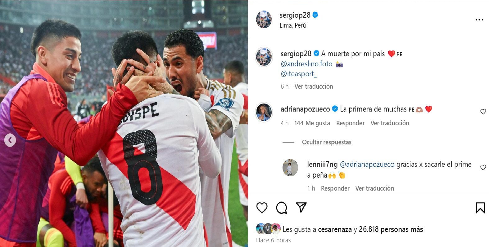 Sergio Peña y los románticos mensajes de su novia Adriana Pozueco. Instagram.