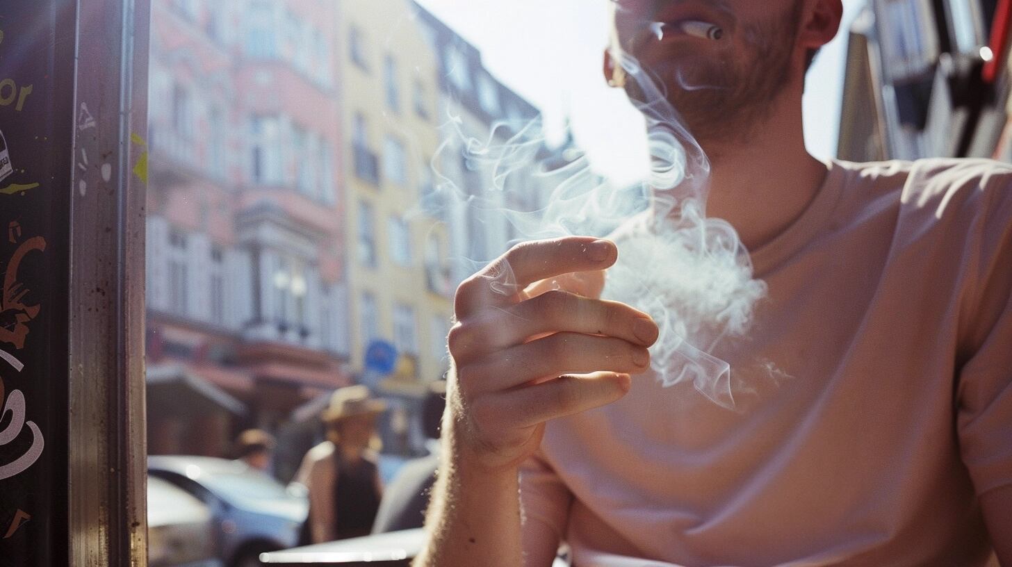 Un hombre fuma tranquilamente un cigarrillo de marihuana en una calle de Berlín, donde su uso está regulado bajo leyes específicas que garantizan su consumo responsable y seguro (Imagen ilustrativa Infobae)