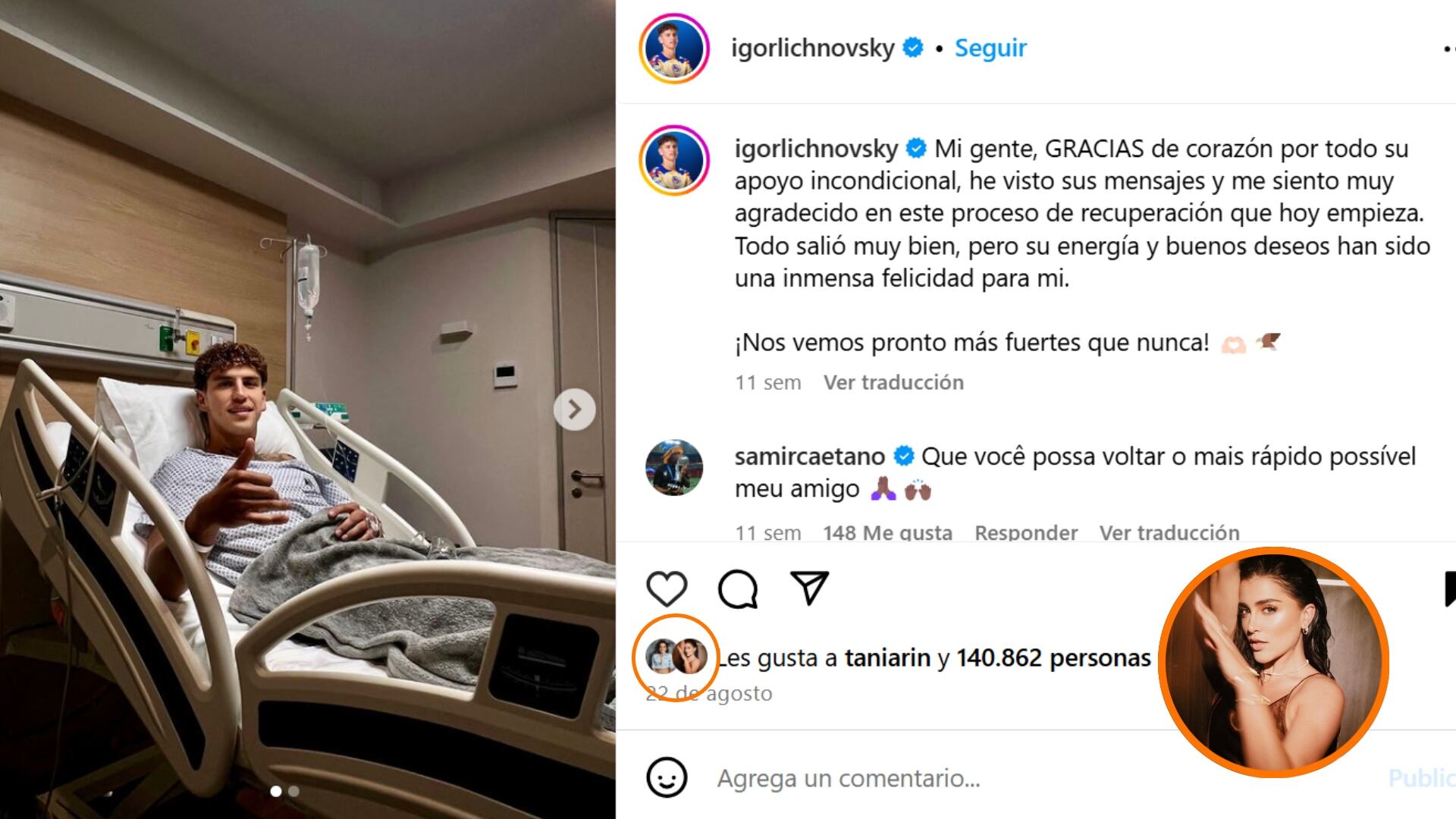 La actriz y el futbolista chileno comenzaron a ser vinculados a mediados de 2024 por una serie de interacciones en redes sociales. (igorlichnovsky / Instagram)