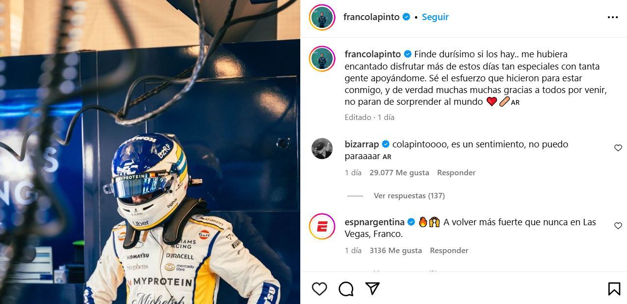 El posteo de Franco Colapinto tras la carrera en Interlagos (Foto: Instagram @francolapinto)