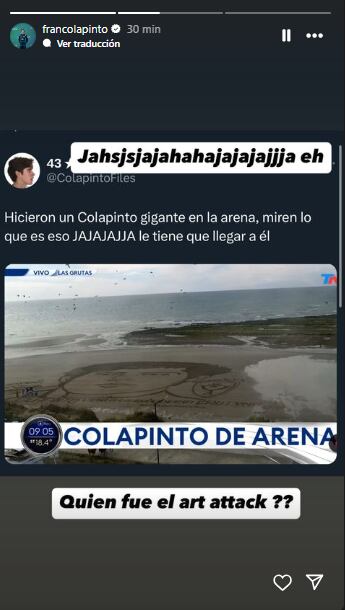 La reacción deFranco Colapinto al ver el dibujo de su cara que hicieron en la arena (Foto: Instagram @francolapinto)