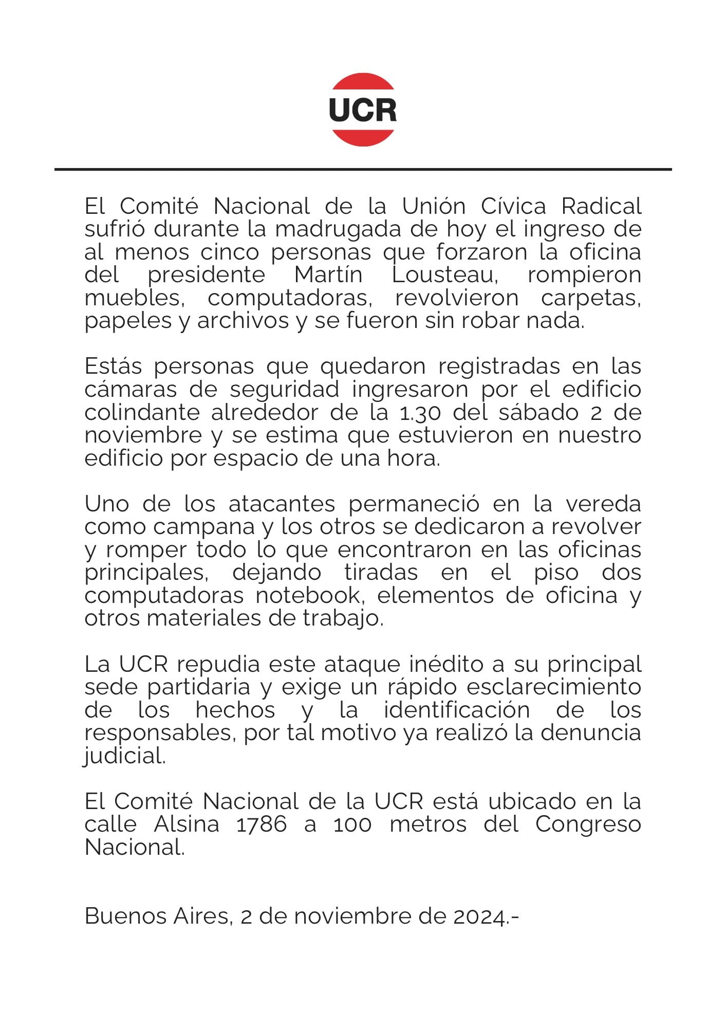 El comunicado de la UCR