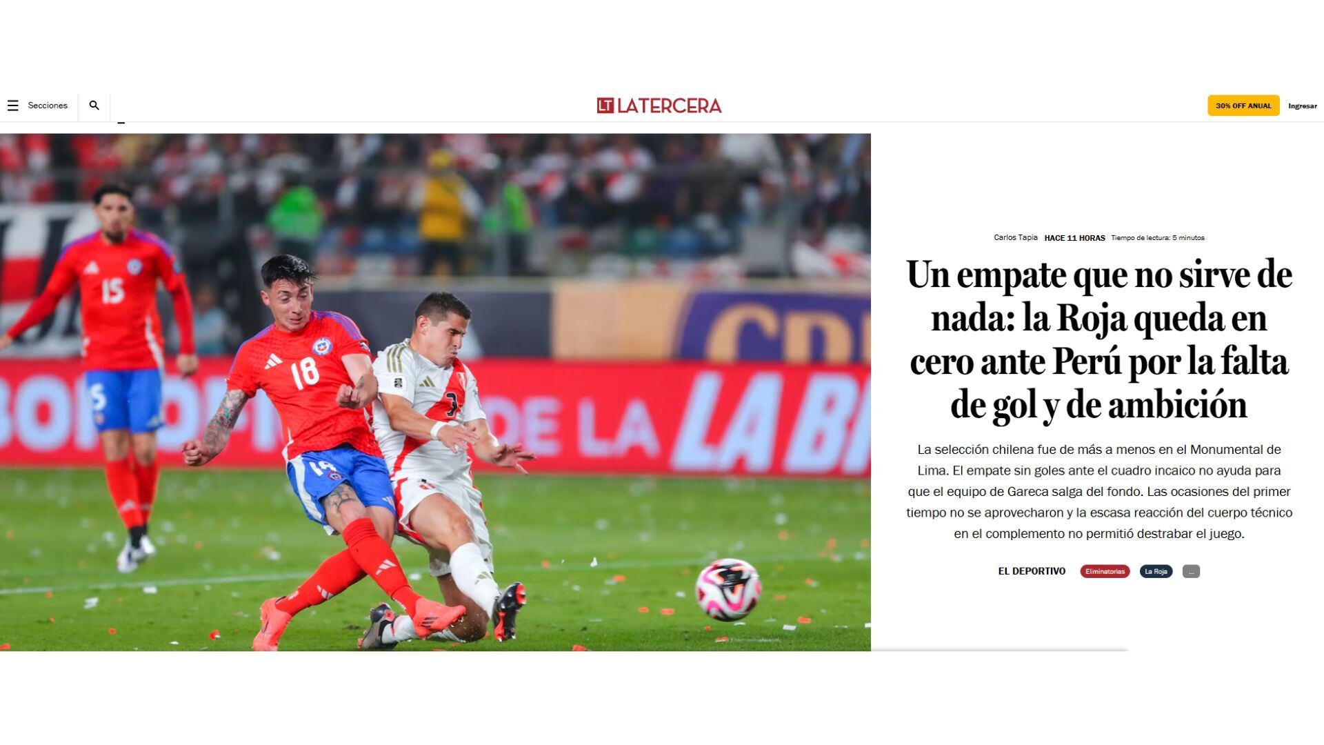 Prensa de Chile criticó a la selección 'roja' y Ricardo Gareca tras el empate con Perú por las Eliminatorias 2026.