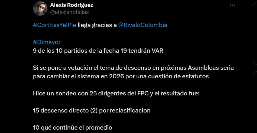 Se estaría allanando el camino entre los equipos de la Liga BetPlay para revivir el descenso por medio de la reclasificación - crédito @alexisnoticias/X